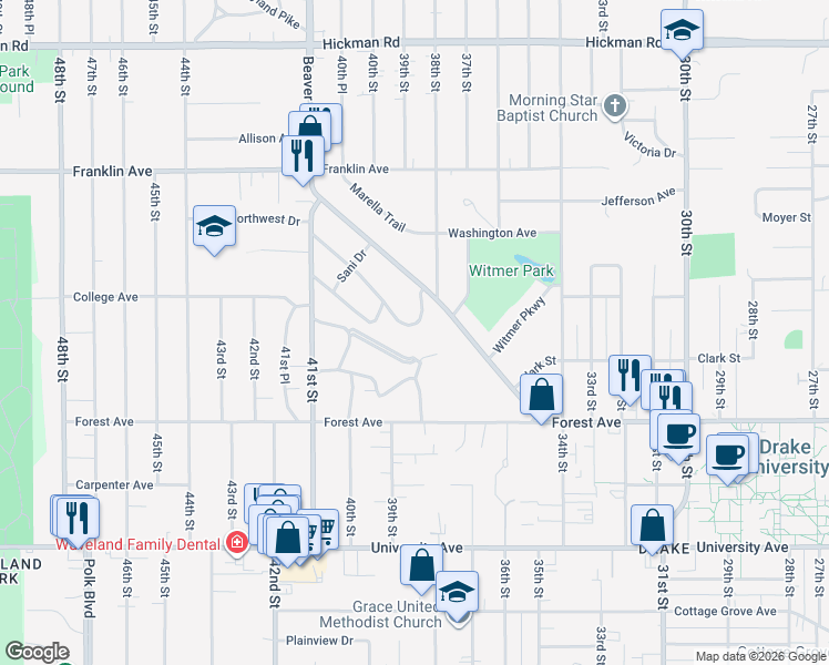 map of restaurants, bars, coffee shops, grocery stores, and more near 1623 Northwest Drive in Des Moines