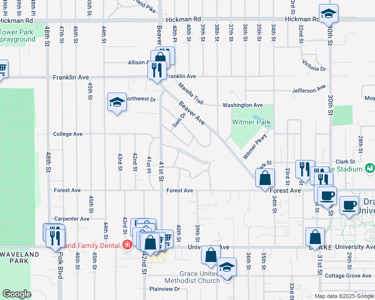 map of restaurants, bars, coffee shops, grocery stores, and more near 1601 Huntland Drive in Des Moines