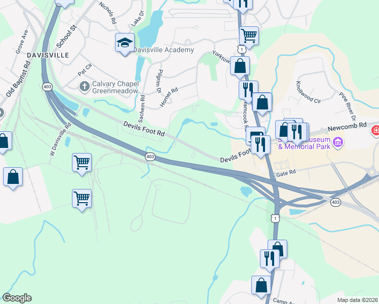 map of restaurants, bars, coffee shops, grocery stores, and more near 7 Sutton Lane in North Kingstown