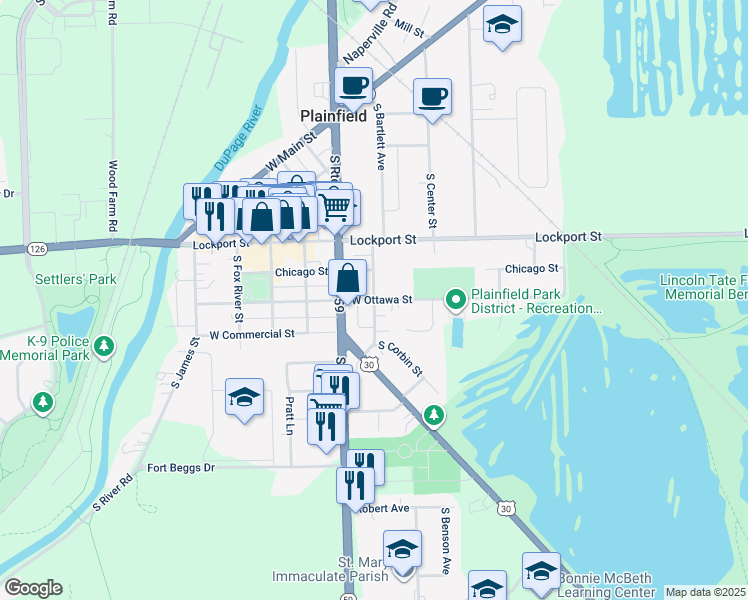 map of restaurants, bars, coffee shops, grocery stores, and more near West Ottawa Street in Plainfield