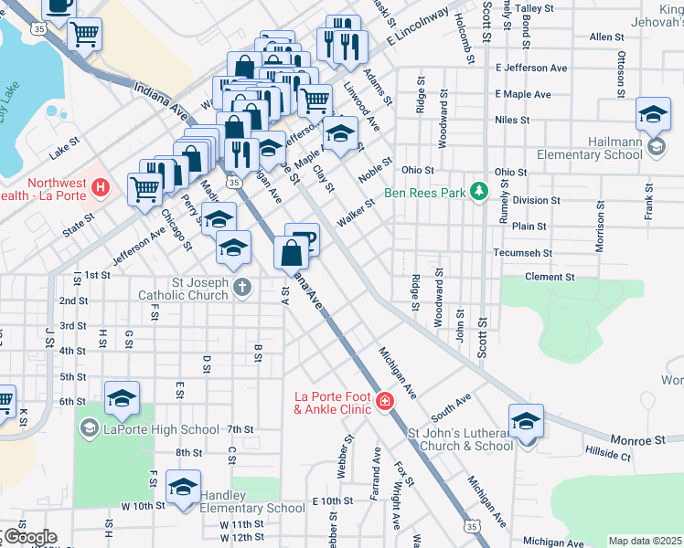 map of restaurants, bars, coffee shops, grocery stores, and more near 1217 Michigan Avenue in La Porte