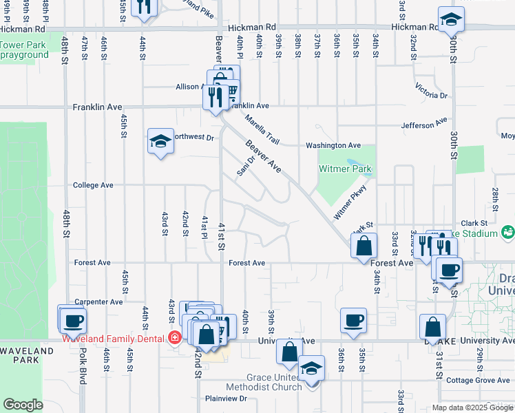 map of restaurants, bars, coffee shops, grocery stores, and more near 1601 Huntland Drive in Des Moines