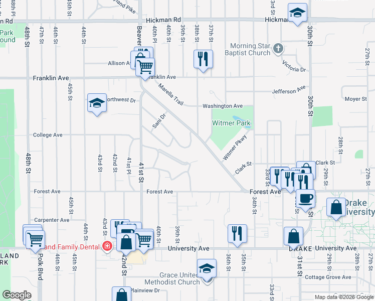 map of restaurants, bars, coffee shops, grocery stores, and more near 1623 Northwest Drive in Des Moines