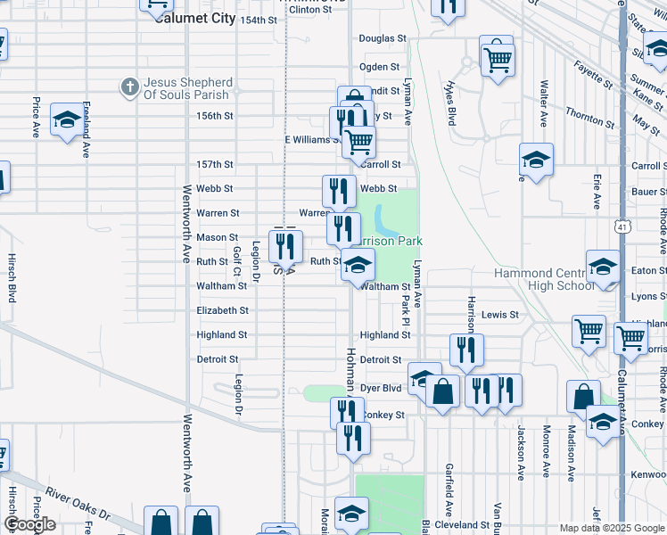 map of restaurants, bars, coffee shops, grocery stores, and more near 52 Ruth Street in Hammond