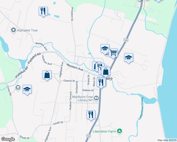 map of restaurants, bars, coffee shops, grocery stores, and more near 40 Western Avenue in Marlboro