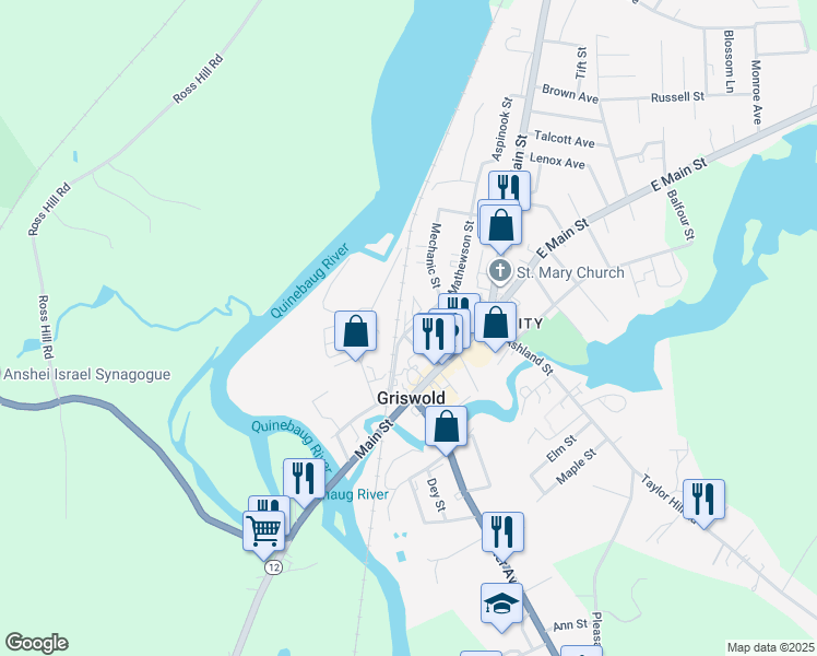 map of restaurants, bars, coffee shops, grocery stores, and more near 6 Mathewson Street in Griswold