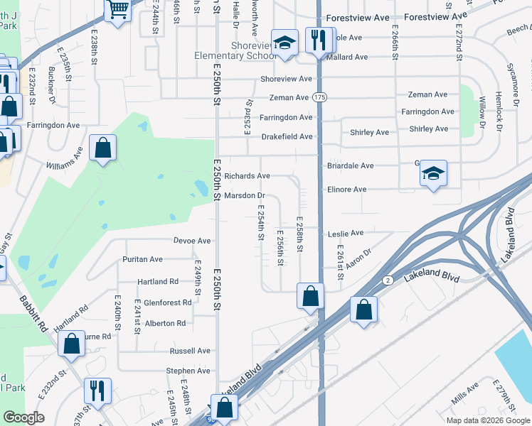 map of restaurants, bars, coffee shops, grocery stores, and more near 701 East 254th Street in Euclid