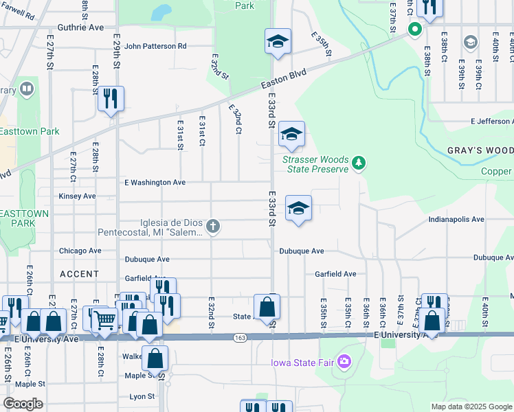 map of restaurants, bars, coffee shops, grocery stores, and more near 1528 East 33rd Street in Des Moines