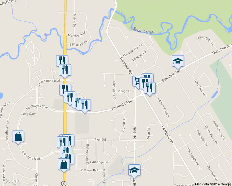map of restaurants, bars, coffee shops, grocery stores, and more near 4840 Village Lane in Toledo