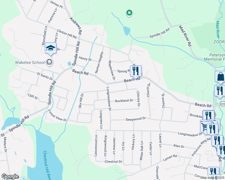 map of restaurants, bars, coffee shops, grocery stores, and more near 9 Chicory Drive in Wolcott