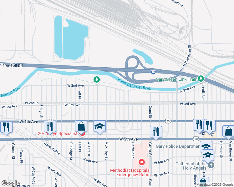 map of restaurants, bars, coffee shops, grocery stores, and more near 231 Cleveland Street in Gary