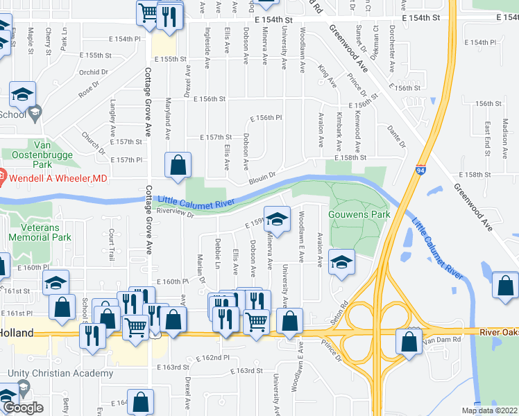 map of restaurants, bars, coffee shops, grocery stores, and more near 1053 Riverview Drive in South Holland
