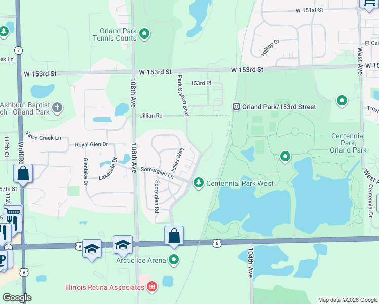 map of restaurants, bars, coffee shops, grocery stores, and more near 15533 Julies Way in Orland Park