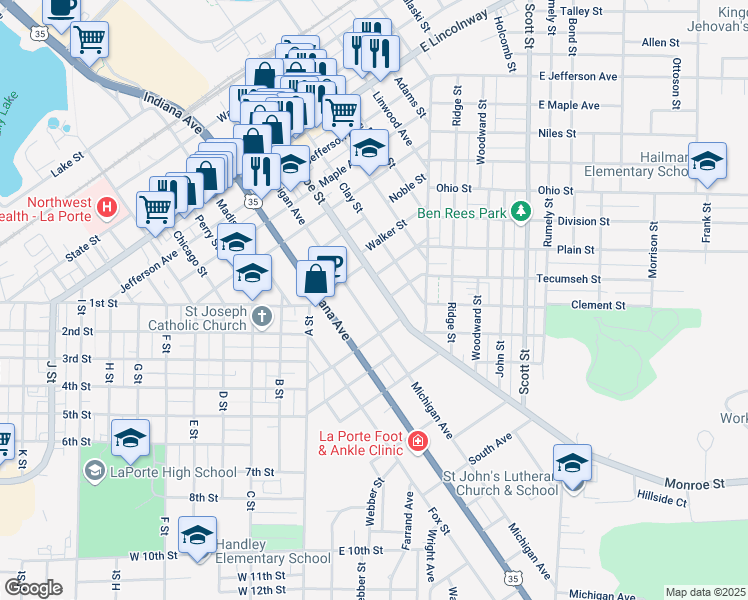 map of restaurants, bars, coffee shops, grocery stores, and more near 1217 Michigan Avenue in La Porte