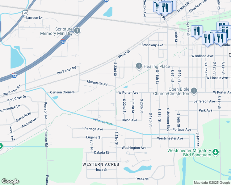 map of restaurants, bars, coffee shops, grocery stores, and more near 500 South 23rd Street in Chesterton