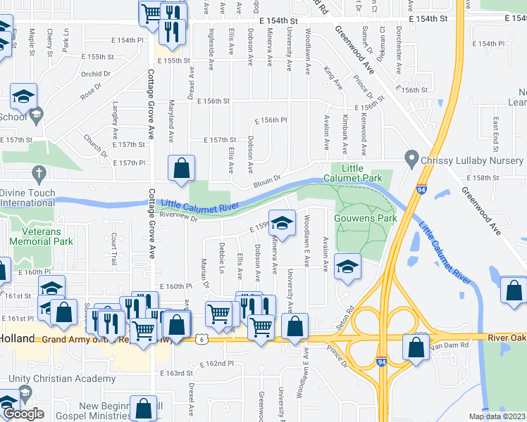 map of restaurants, bars, coffee shops, grocery stores, and more near 1053 Riverview Drive in South Holland