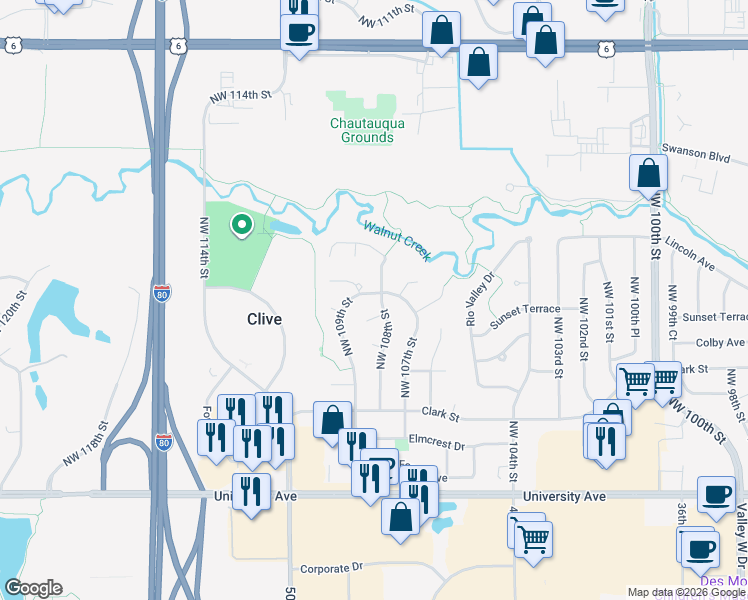 map of restaurants, bars, coffee shops, grocery stores, and more near 10883 Hawthorn Drive in Clive