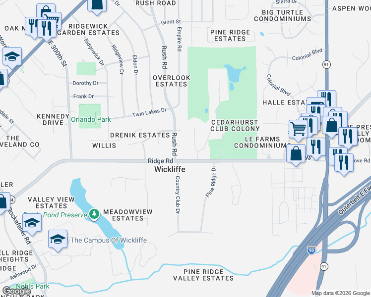 map of restaurants, bars, coffee shops, grocery stores, and more near 1940 Fairway Drive in Wickliffe