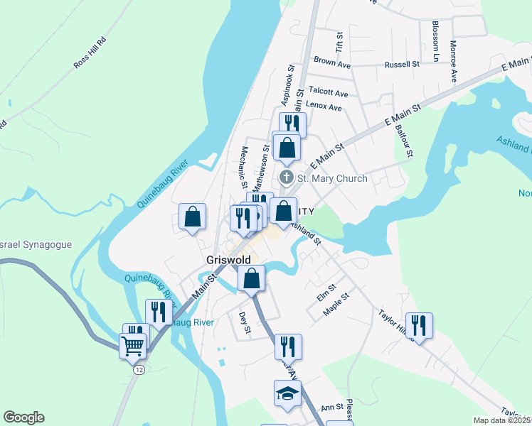 map of restaurants, bars, coffee shops, grocery stores, and more near 18 Tracy Avenue in Griswold