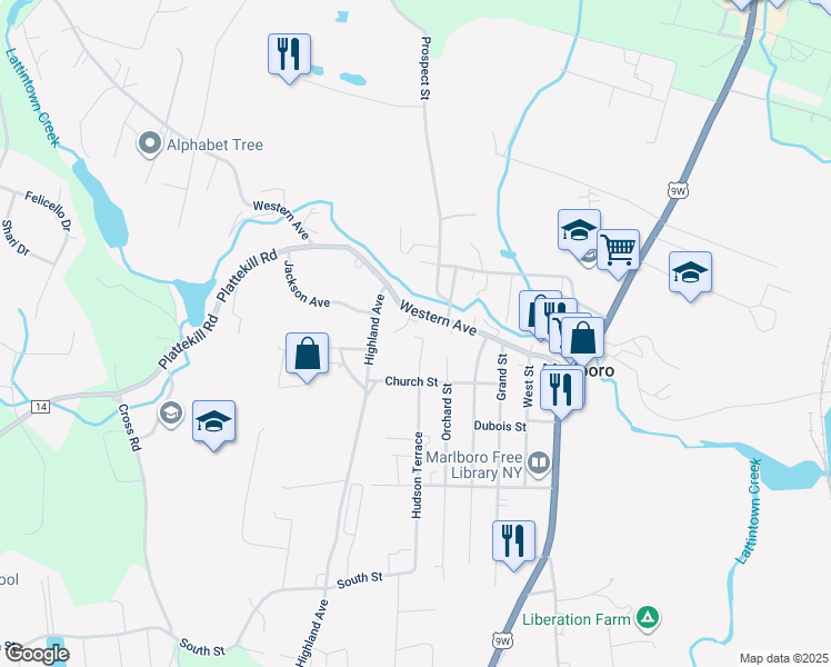 map of restaurants, bars, coffee shops, grocery stores, and more near 67 Western Avenue in Marlboro