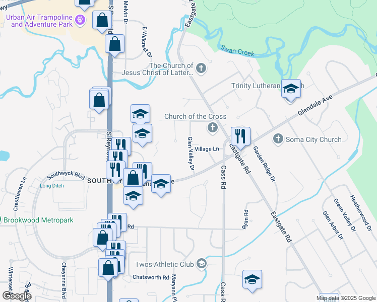 map of restaurants, bars, coffee shops, grocery stores, and more near 4840 Village Lane in Toledo