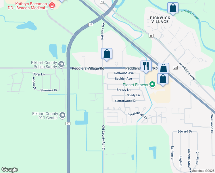map of restaurants, bars, coffee shops, grocery stores, and more near 61108 Old County Road 17 in Goshen