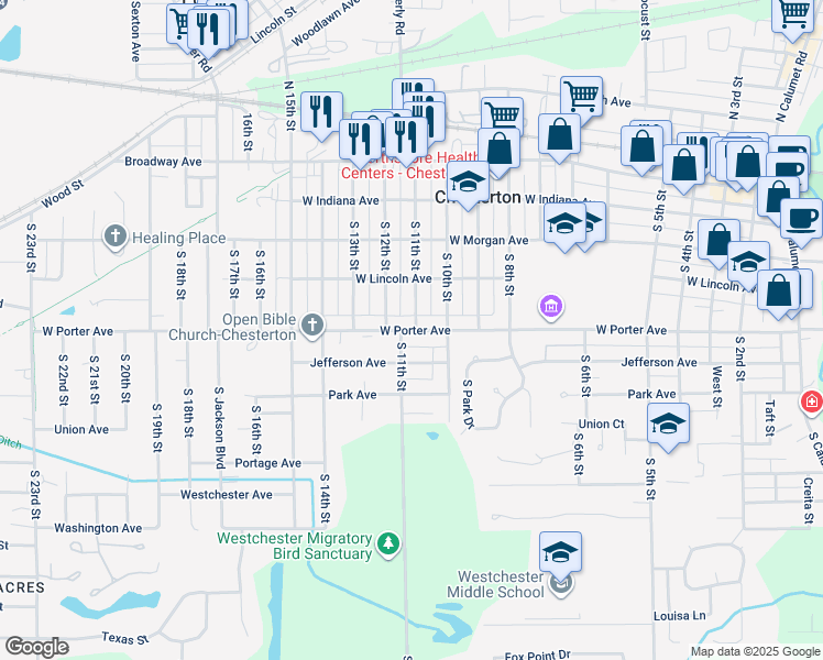 map of restaurants, bars, coffee shops, grocery stores, and more near 425 South 12th Street in Chesterton