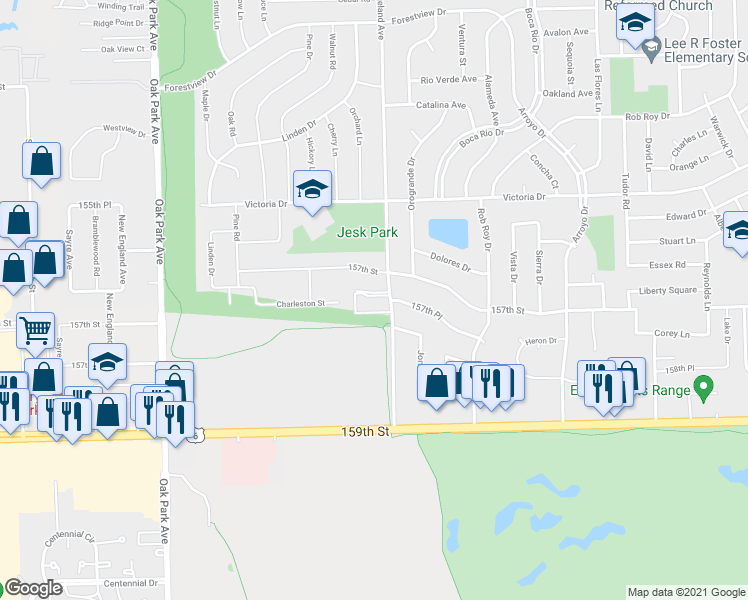 map of restaurants, bars, coffee shops, grocery stores, and more near 15801 Aspen Court in Oak Forest