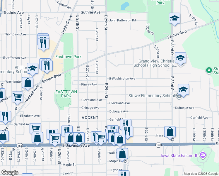 map of restaurants, bars, coffee shops, grocery stores, and more near 1525 East 29th Street in Des Moines