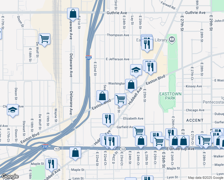 map of restaurants, bars, coffee shops, grocery stores, and more near 1519 Searle Street in Des Moines