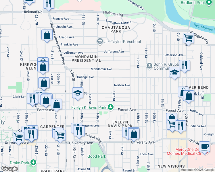 map of restaurants, bars, coffee shops, grocery stores, and more near 1428 College Avenue in Des Moines