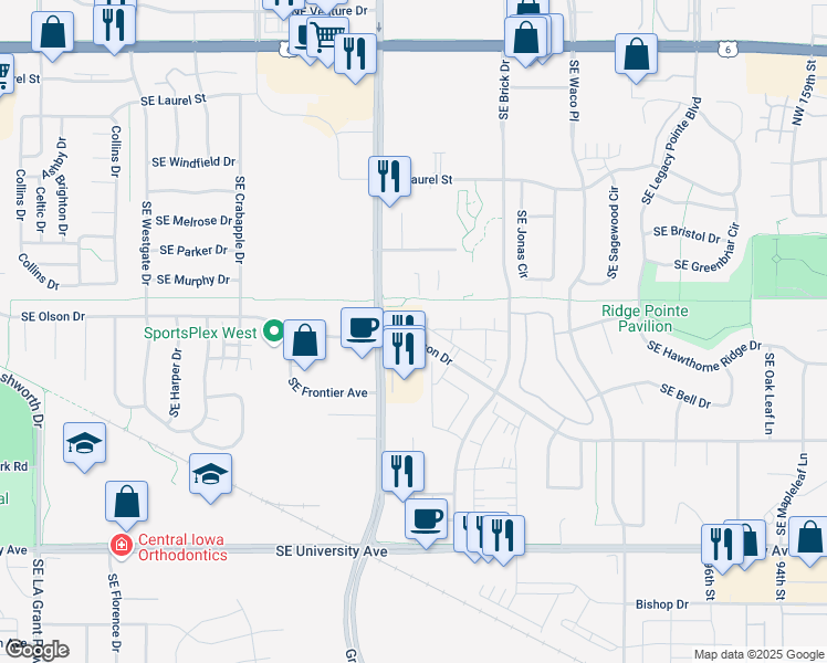 map of restaurants, bars, coffee shops, grocery stores, and more near 595 Southeast Alice's Road in Waukee