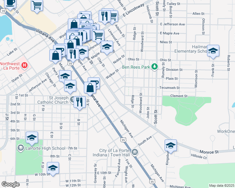 map of restaurants, bars, coffee shops, grocery stores, and more near 298 Ludlow Street in La Porte