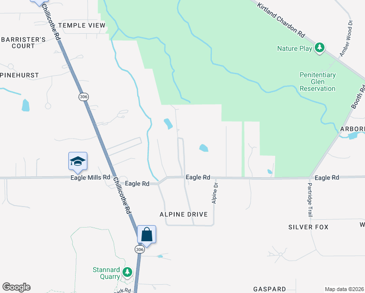 map of restaurants, bars, coffee shops, grocery stores, and more near 8341 Eagle Road in Kirtland