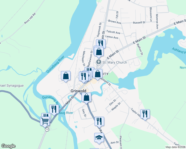 map of restaurants, bars, coffee shops, grocery stores, and more near 18 Tracy Avenue in Griswold