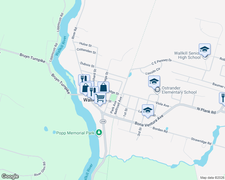 map of restaurants, bars, coffee shops, grocery stores, and more near 55 Bridge Street in Wallkill