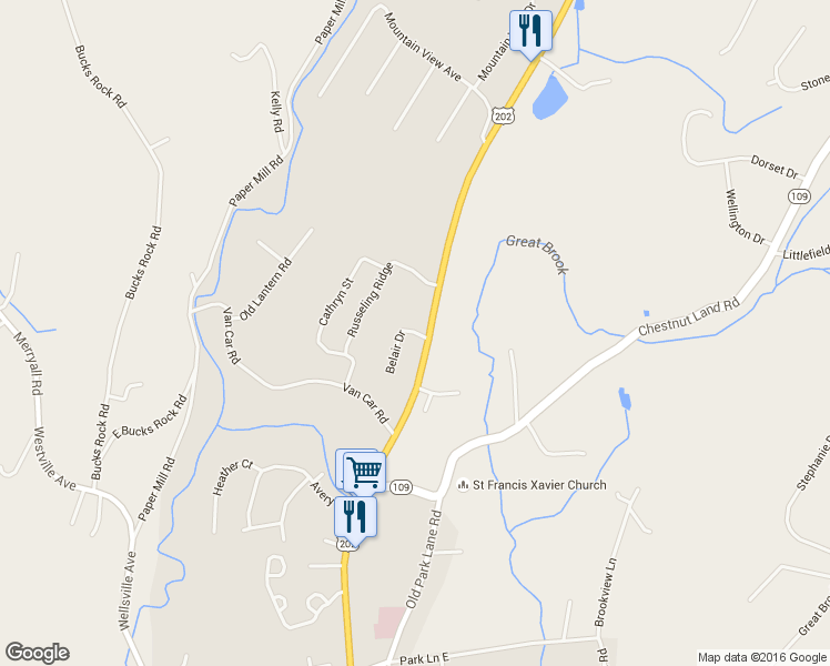 map of restaurants, bars, coffee shops, grocery stores, and more near 41 Belair Drive in New Milford
