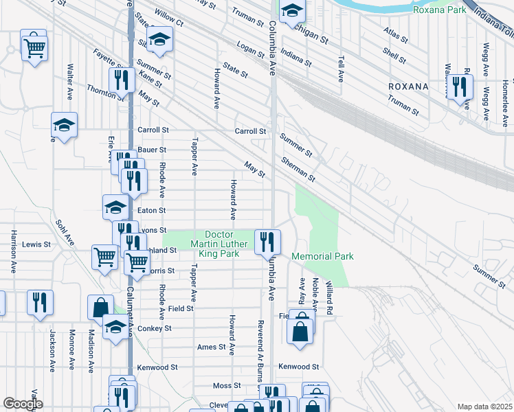 map of restaurants, bars, coffee shops, grocery stores, and more near 1131 Eaton Street in Hammond