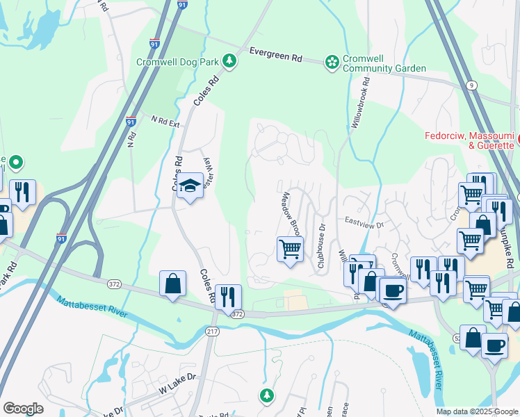 map of restaurants, bars, coffee shops, grocery stores, and more near 150 Country Squire Drive in Cromwell