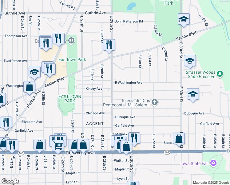 map of restaurants, bars, coffee shops, grocery stores, and more near 1515 East 29th Street in Des Moines