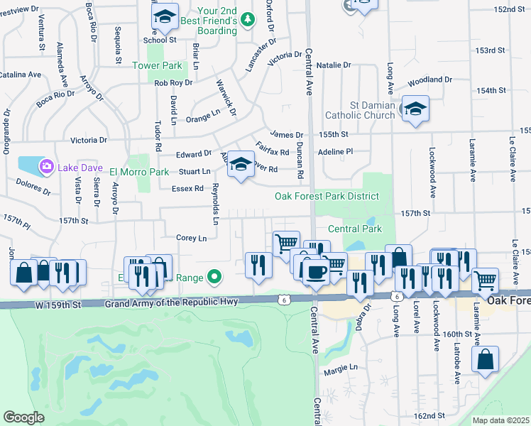 map of restaurants, bars, coffee shops, grocery stores, and more near 5710 Independence Avenue in Oak Forest