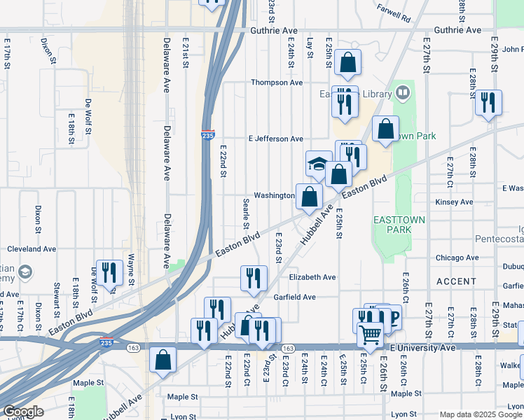 map of restaurants, bars, coffee shops, grocery stores, and more near 1519 Searle Street in Des Moines
