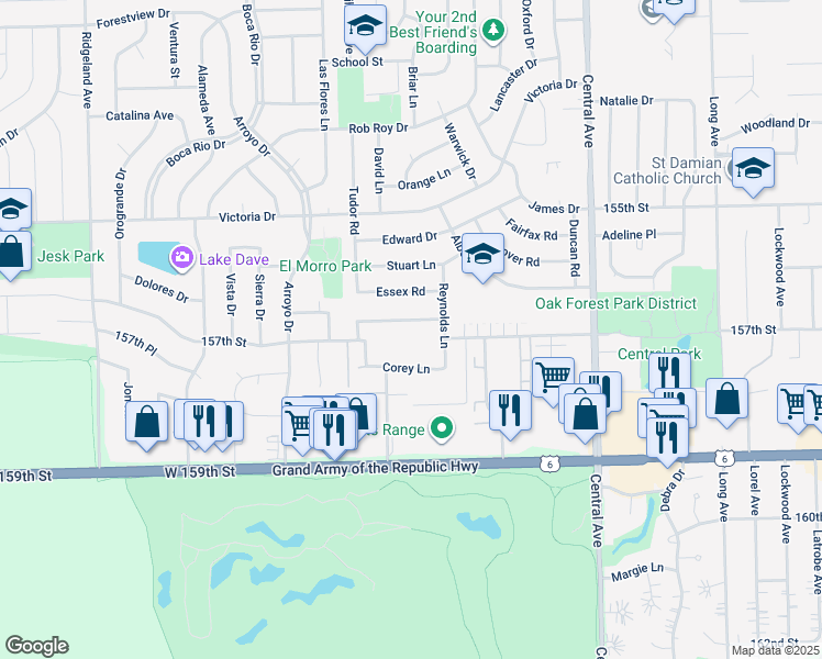 map of restaurants, bars, coffee shops, grocery stores, and more near 5853 Liberty Square in Oak Forest
