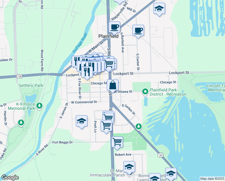 map of restaurants, bars, coffee shops, grocery stores, and more near 15129 Illinois Route 59 in Plainfield