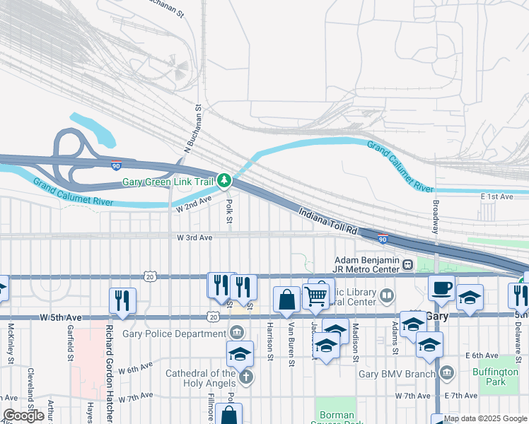 map of restaurants, bars, coffee shops, grocery stores, and more near 241 Tyler St in Gary