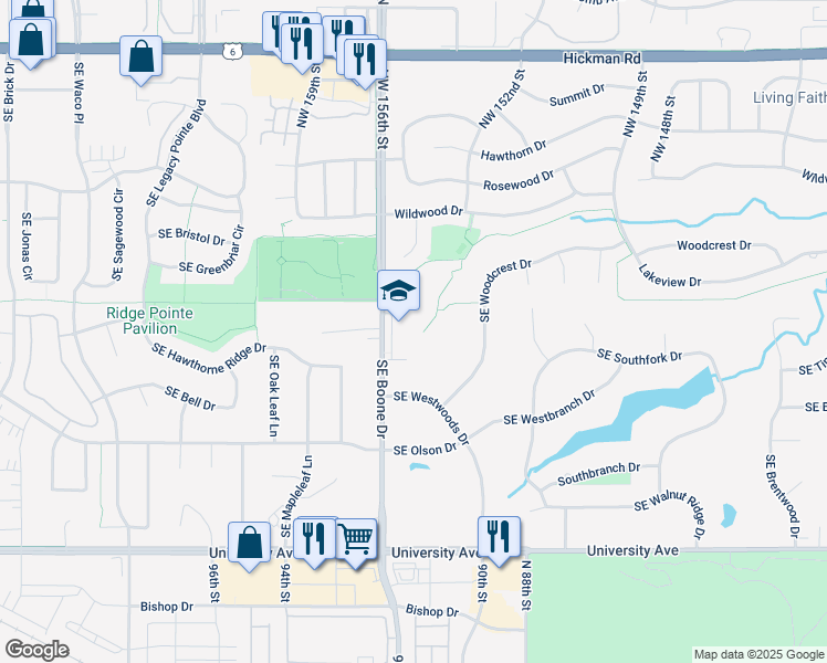 map of restaurants, bars, coffee shops, grocery stores, and more near 605 Boone Drive in Waukee