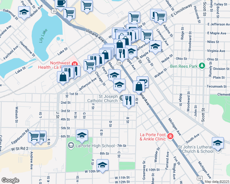 map of restaurants, bars, coffee shops, grocery stores, and more near 1000 Harrison Street in La Porte