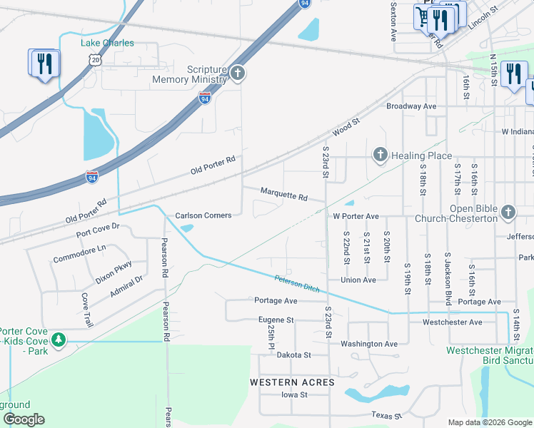 map of restaurants, bars, coffee shops, grocery stores, and more near 950 Bayside Way in Porter