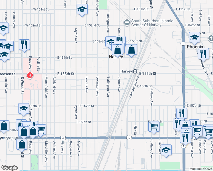 map of restaurants, bars, coffee shops, grocery stores, and more near 15530 Turlington Avenue in Harvey
