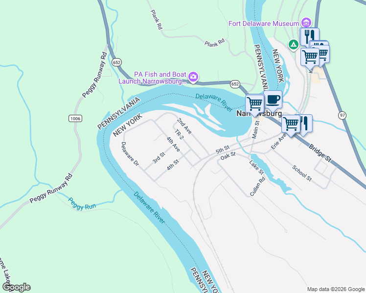 map of restaurants, bars, coffee shops, grocery stores, and more near 43 Third Avenue in Narrowsburg